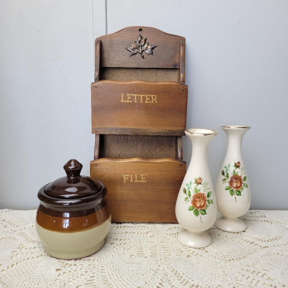 Vintage Decor Bundle Crock Letter Holder Vases Crochet Doilie